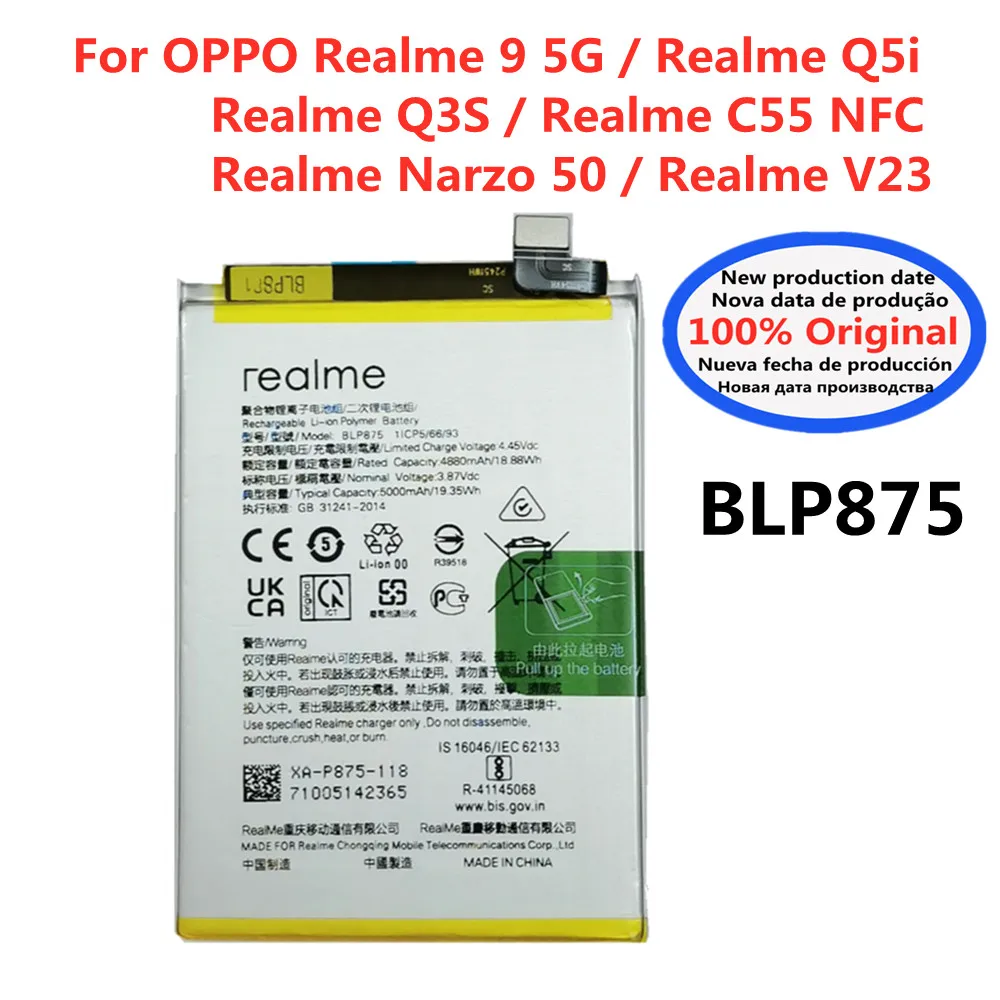 Blp875 5000Mah Originale Per Oppo Realme 9 5G / Realme Q5I / Realme Q3S / Realme C55 Nfc / Realme Narzo 50 / Realme V23 Batteria