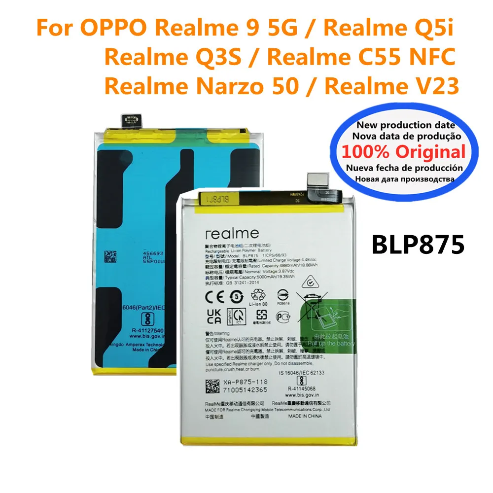Blp875 Batteria Originale Da 5000Mah Per Oppo Realme 9 5G / Realme Q5I / Realme Q3S / Realme C55 Nfc / Realme Narzo 50 / Realme V23