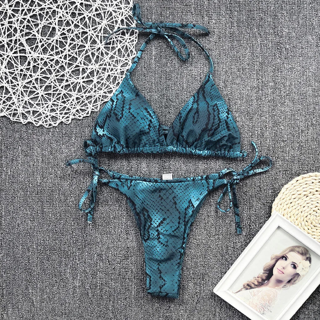 Costume Da Bagno Donna Stampato In Pelle Di Serpente Fasciatura Backless Taglio Alto Scollo A V Due Pezzi Bikini Mini Perizoma Costumi Da Bagno Costum