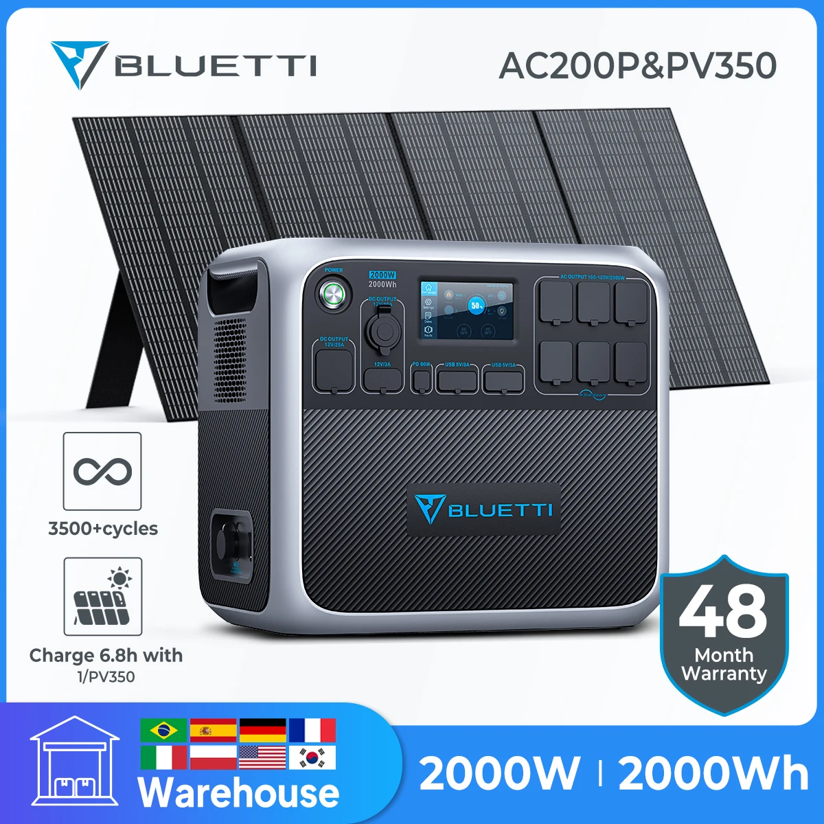 Bluetti Ac200P + Pv350 2000Wh Generatore Solare 2000W Centrale Elettrica 350W Pannello Solare A Energia Solare Home Backup Road Trip Off Grid