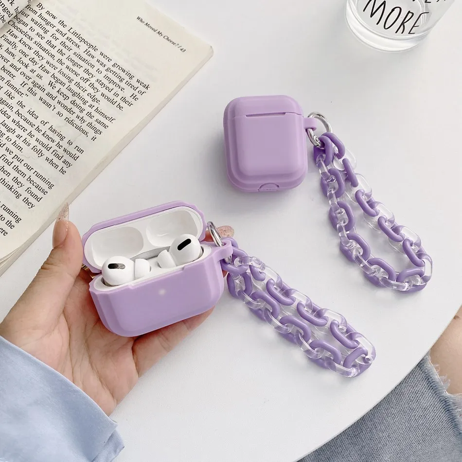 Per Airpods Pro / Airpods 2 Custodia Cute Purple Solid Color Chain Custodie Per Auricolari Airpods Cartoon Cover In Silicone Airpods 3 Bags