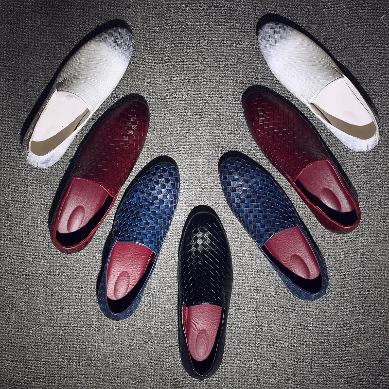 Classic Weaving British Men'S Shoes Slip-On Business Office Party Flats Comfortable Big Size Blue Red Wedding Driving Shoes
