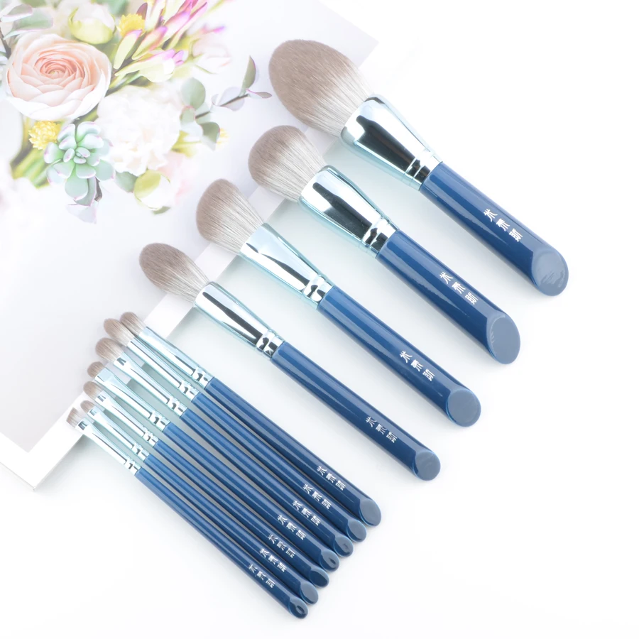 11 Pz/Set Pennelli Trucco Blu Set Fondotinta Fard Bronzer Scultura Evidenziatore Ombretto Sopracciglio Trucco Pennello Capelli Grigi