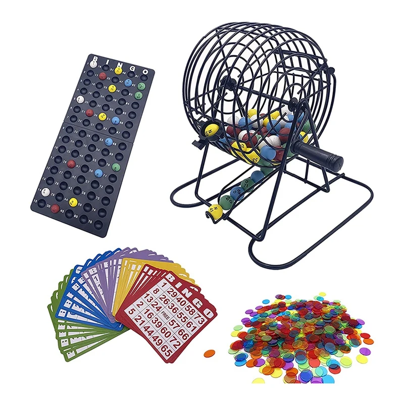 Deluxe Bingo Game Set Con 6 Pollici Bingo Cage, Bingo Master Board,75 Palline Colorate, 50 Schede Bingo E 300 Chip Bingo