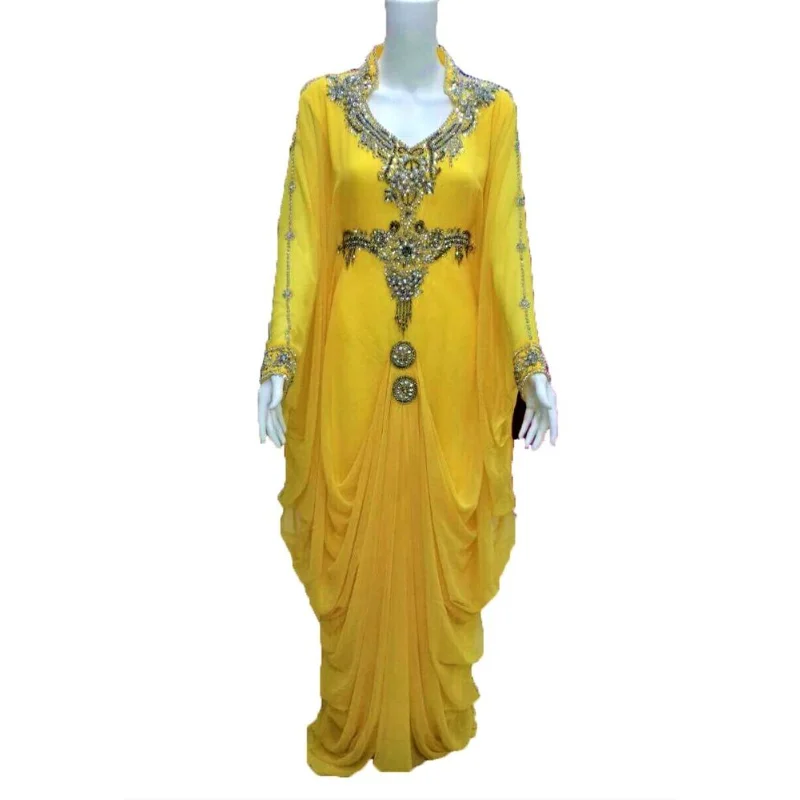 Giallo Dubai Farasha Abaya Caftano Abito Islamico Abito Lungo Arabo Abito Fantasia Costume Sexy Donna