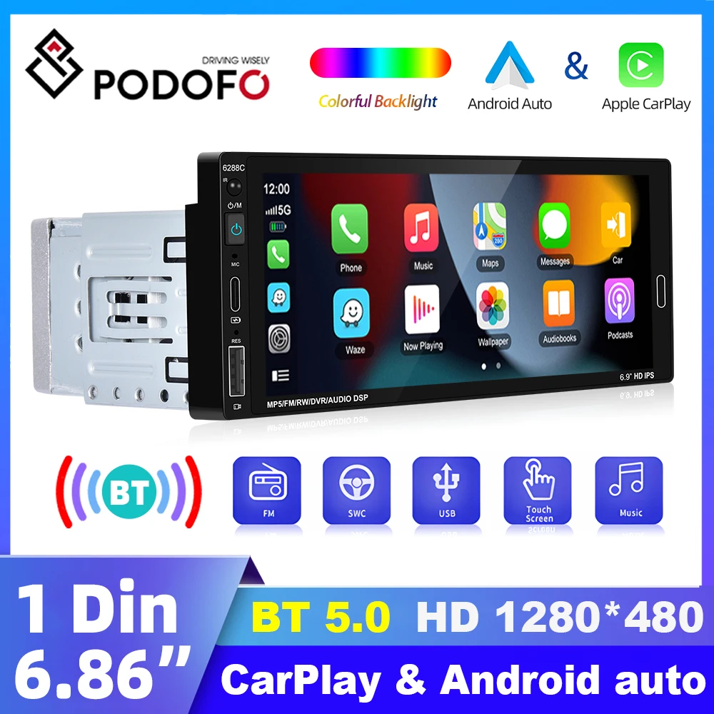 Podofo Universal Car Stereo Radio 1Din 6.86 "Carplay Mp5 Hd Touch Screen Monitor Bluetooth Fm Radio Ricevitore Interfaccia Tf/Usb