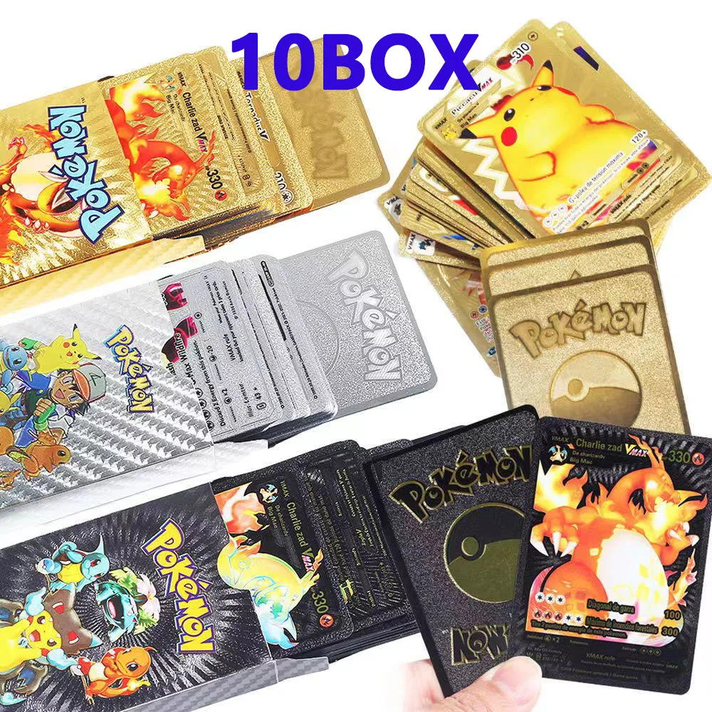 550Pcs 10Box Pokemon Cards Metal Gold Sliver Vmax Gx Energy Card Charizard Pikachu Rare Collection Battle Trainer
