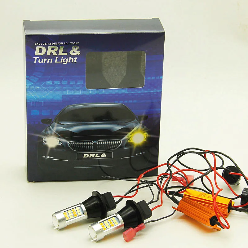 2Pcs T20 Drl 7440 Canbus 800Lm 42 Smd Car Led Light Dual Color Switchback Turn Signal Lamp Bulb Led Daytime Running Light Drl