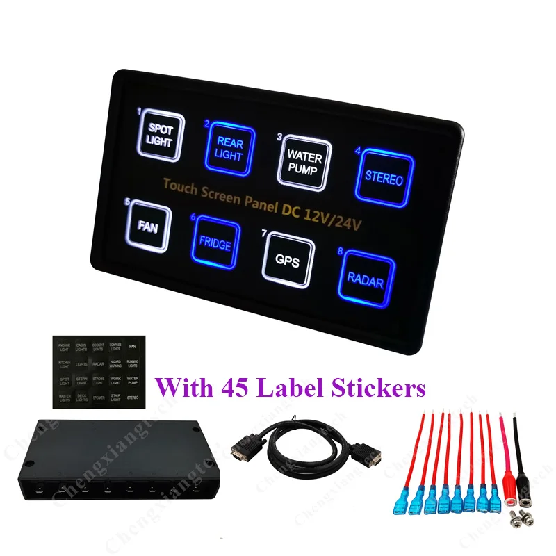 12V/24V 6 / 8 Gang Blu Led Senso Capacitivo Touch Screen Switch Panel Box Per Auto Marine Boat Caravan Famiglia + 45 Etichette