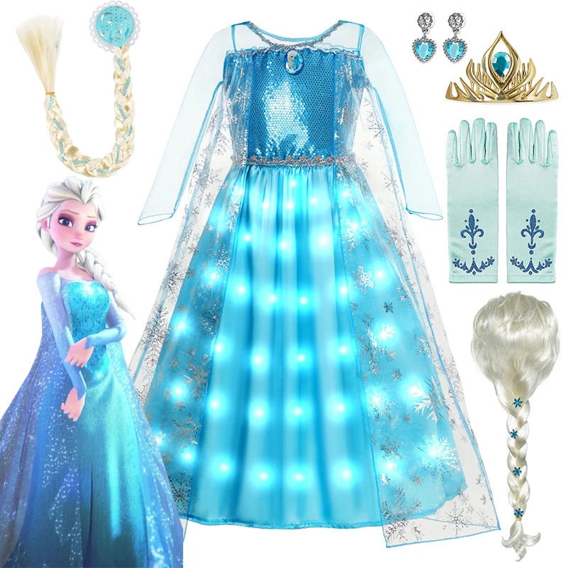 Led Light Frozen 2 Snow Queen Elsa Anna For Girls Kids Costumi Cosplay 2023 Party Prom Gown Robe Play Clothes Abiti Da Principessa