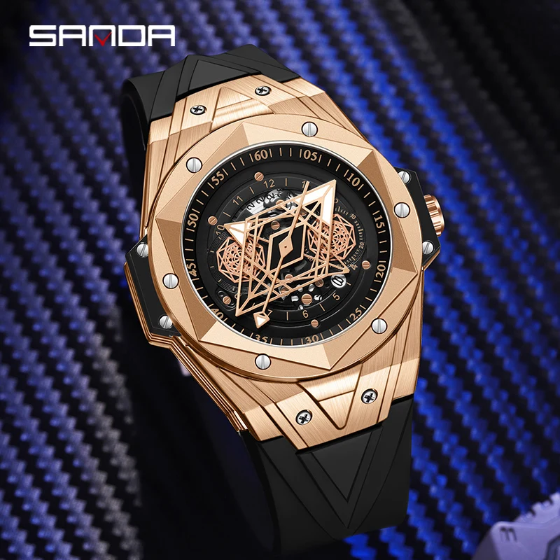 Sanda Designer New Fashion Men Luxury Rose Gold Watch Cinturino In Gomma Quadrante Cavo Orologio Da Polso Al Quarzo Impermeabile Relógio Masculino