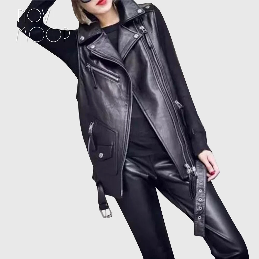 Novmoop Vera Pelle Tinta Unita Colore Nero Rivetto Decor Gilet Donna Pelle Di Pecora Stile Moto Chic Gilet Alla Moda En Cuir Lt3398