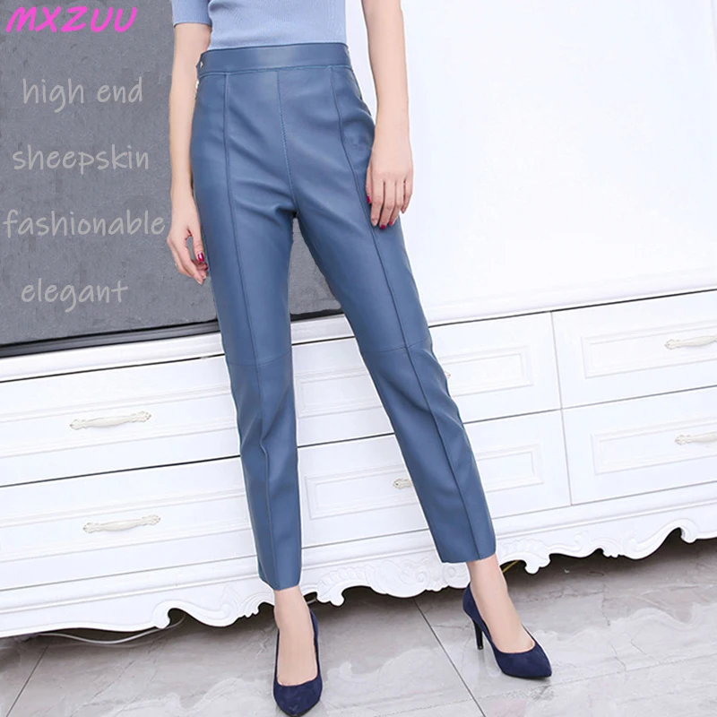 Streetwear Pantaloni Casual A Vita Alta Da Donna Pantaloni Donna Morbida Pelle Di Montone Grana Verticale Piccoli Piedi Mostrano Pantaloni In Pelle So