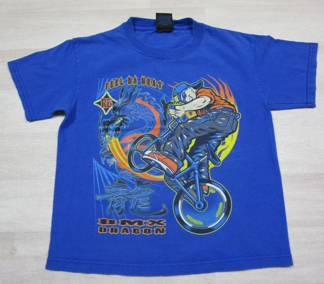 Vintage Anni '90 Y2K Rude Boyz Bmx Dragon T Shirt Kids Size (M) Feel Da Heat Bike Maniche Lunghe