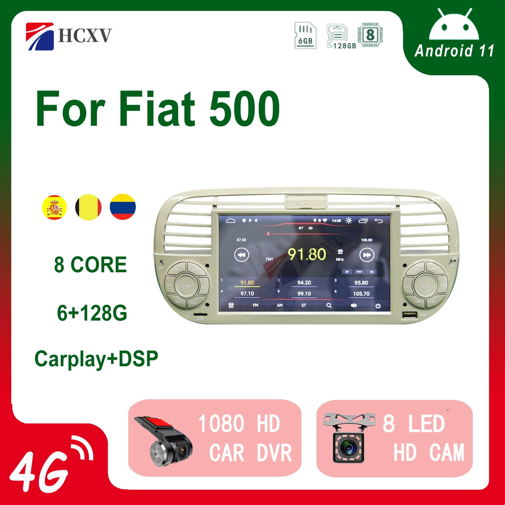 Hcxv Android Autoradio Stereo Per Fiat 500 7 ''Android Stereo Car Navigation Sistema Multimediale Lettore Dvd Audio Gps Autoradio