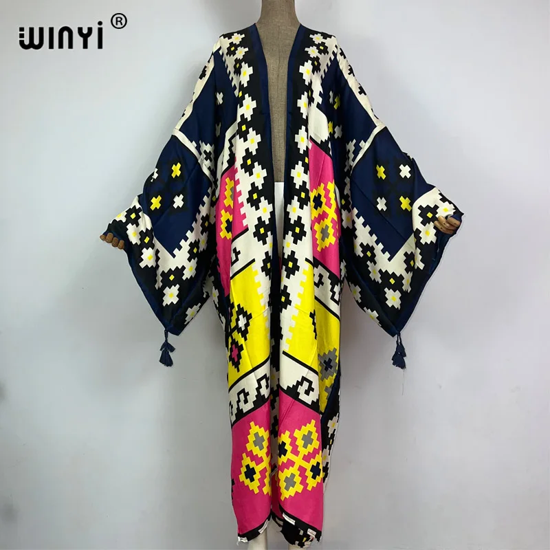 2023 Winyi New Cotton Feeling Bikini Cover-Up Bohemian Print Front Open Long Kimono Kaftan Beach Cover Up Per Abiti Da Bagno