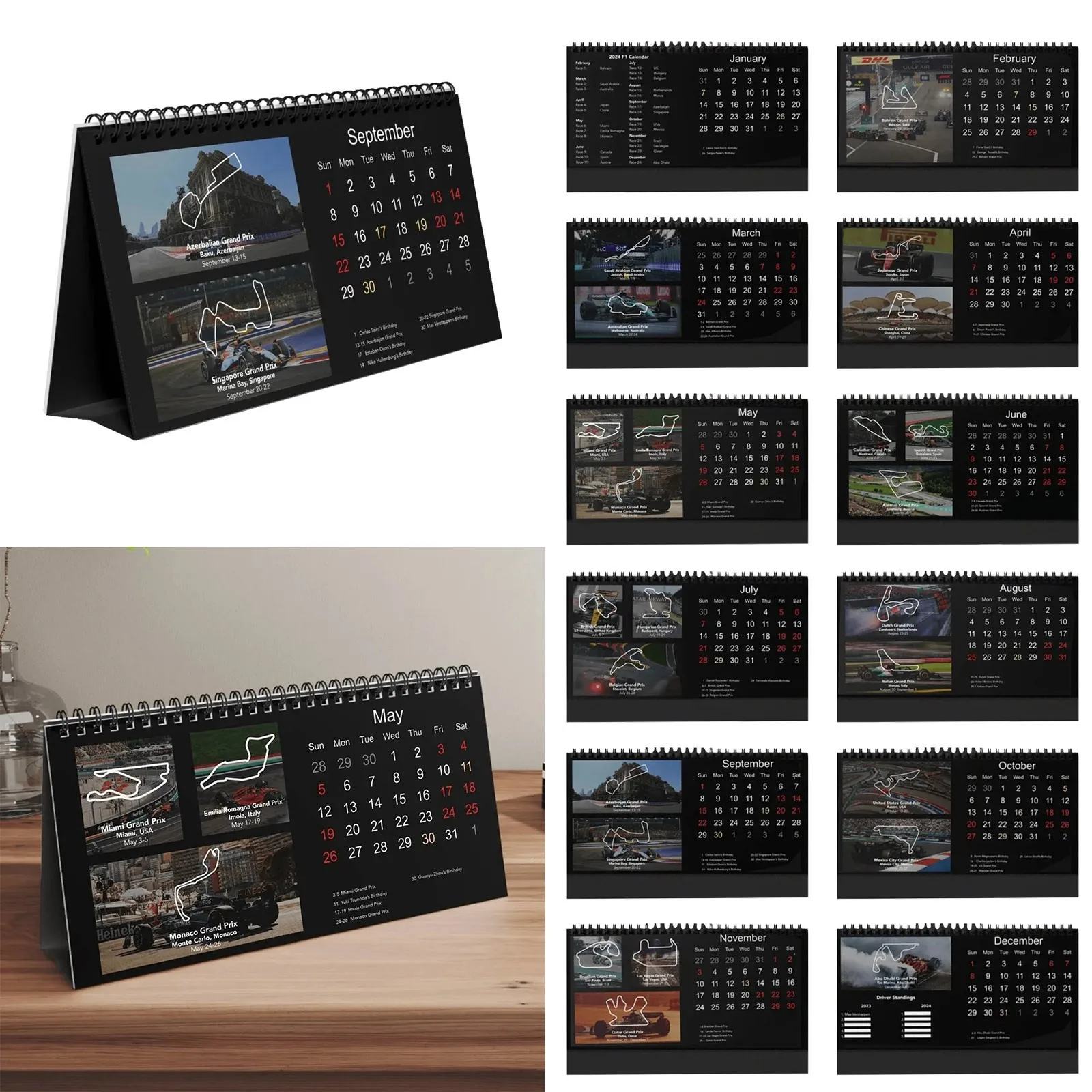2024 F1 Race Track Desk Calendar F1 Schedule Calendar Binding Twin-Wire Easy Planning Racing Theme Calendar Office Home Decor