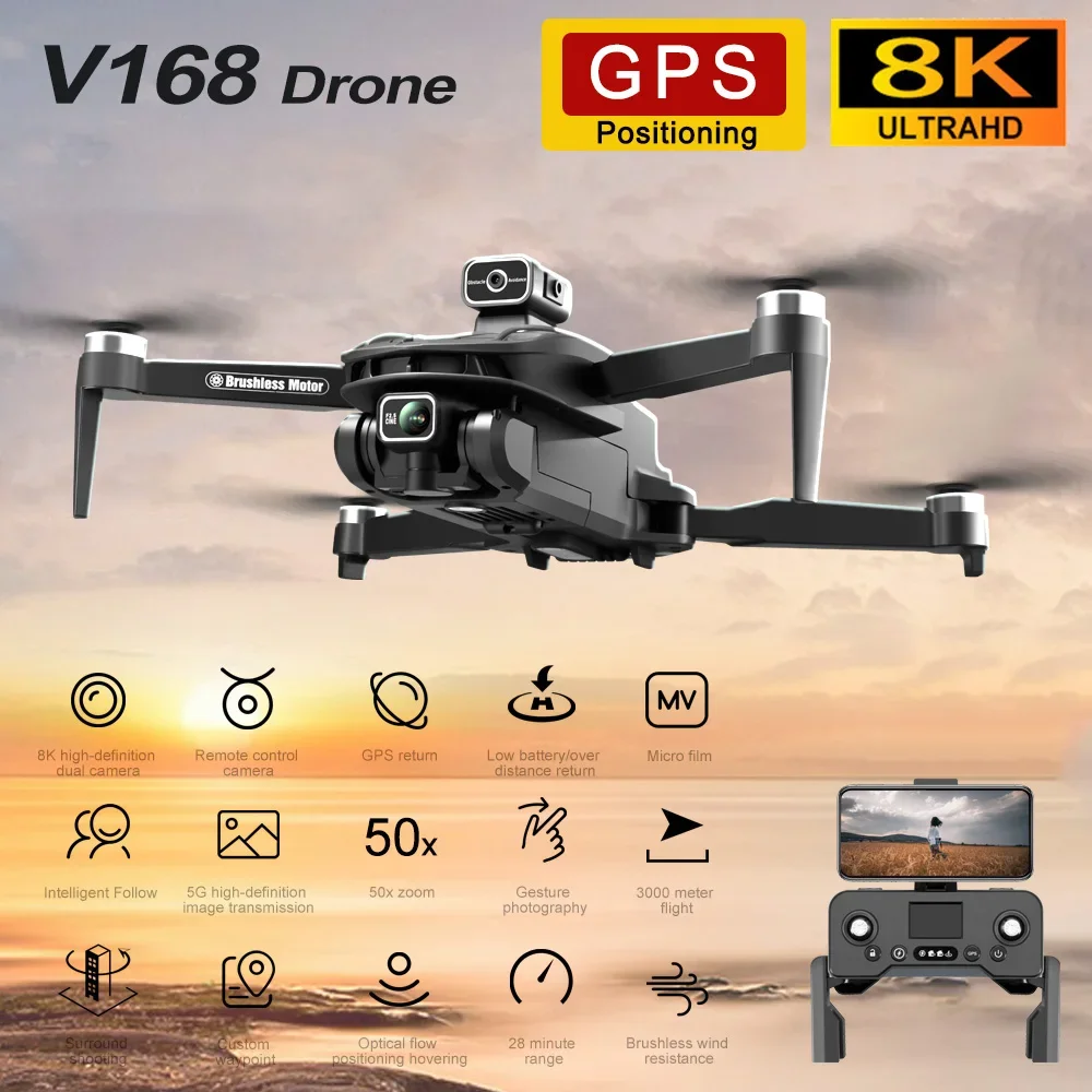 Per Xiaomi V168 Max Pro Drone Gps 8K Hd Camera 5G Wifi Fpv Brushless Rc Quadcopter Evitamento Ostacoli Ritorno Automatico
