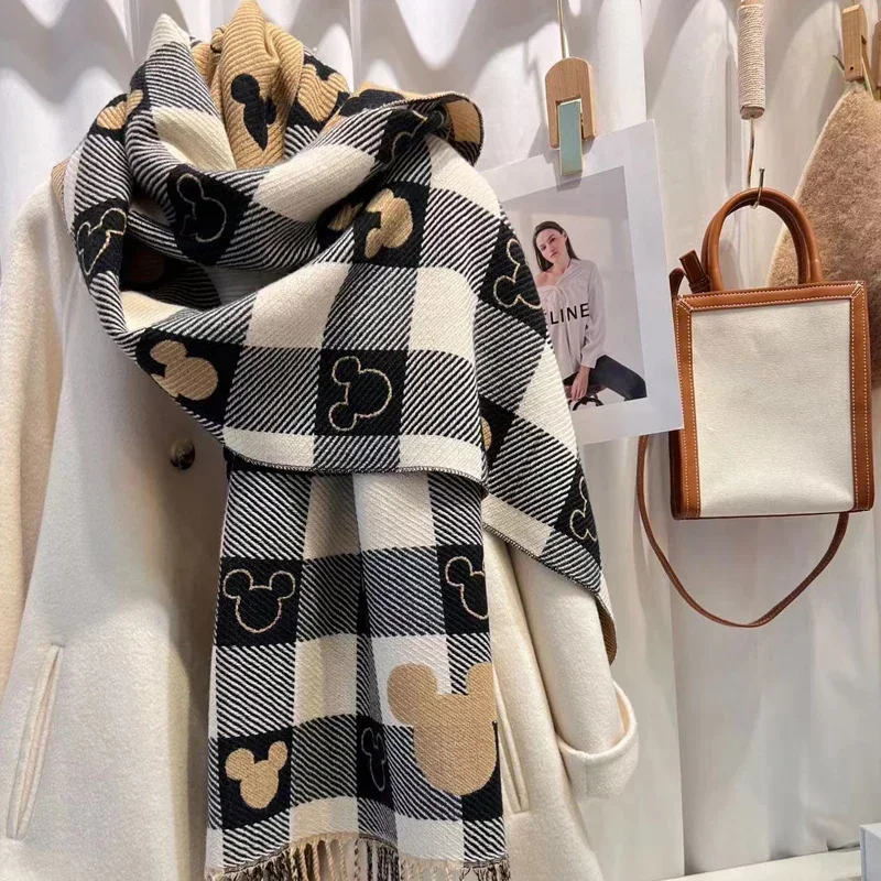 Disney Mickey Sciarpa Inverno Orso Testa Sciarpa Scialle A Doppia Faccia Da Donna Imitazione Cashmere Retro Stile Straniero Moda Tutto-Fiammifero
