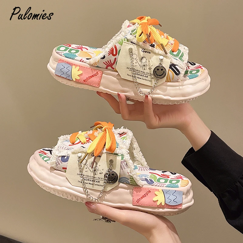 Fashion Design Summer Women Graffiti Pantofole Platform Shoes Mules Flip Flops Street Sandals Zoccoli Scarpe Casual Piatte Per Donna