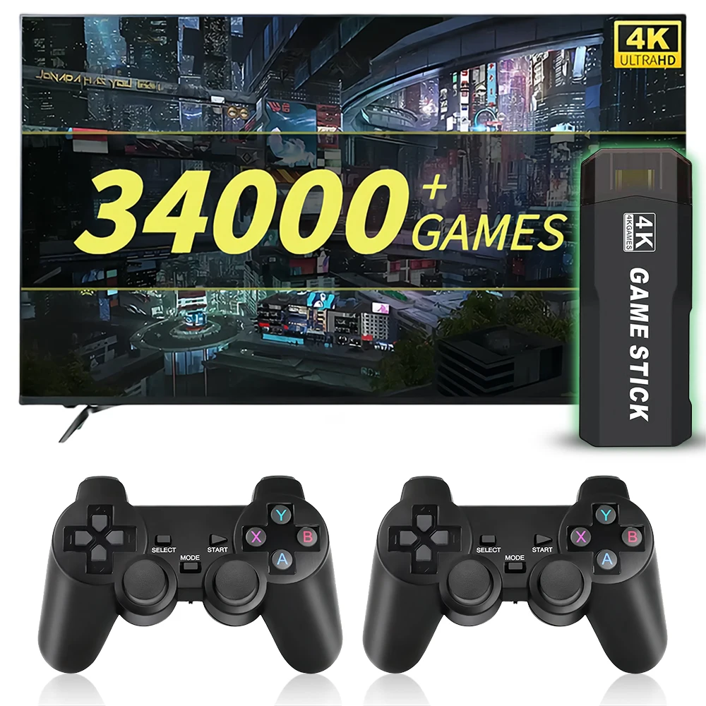 4K Game Stick Tv Console Per Videogiochi 34000 Giochi Emuelec 28 Classic Emulator Retro Gaming Machine Dual Wireless Gamepad Control