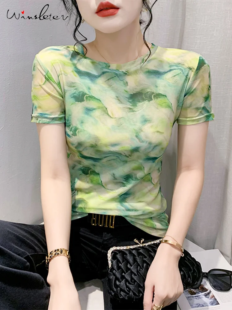 Winshter Summer European Clothes T-Shirt Donna O Neck Matcha Green Print Slim Mesh Pullover Top Manica Corta Elastico T35419M