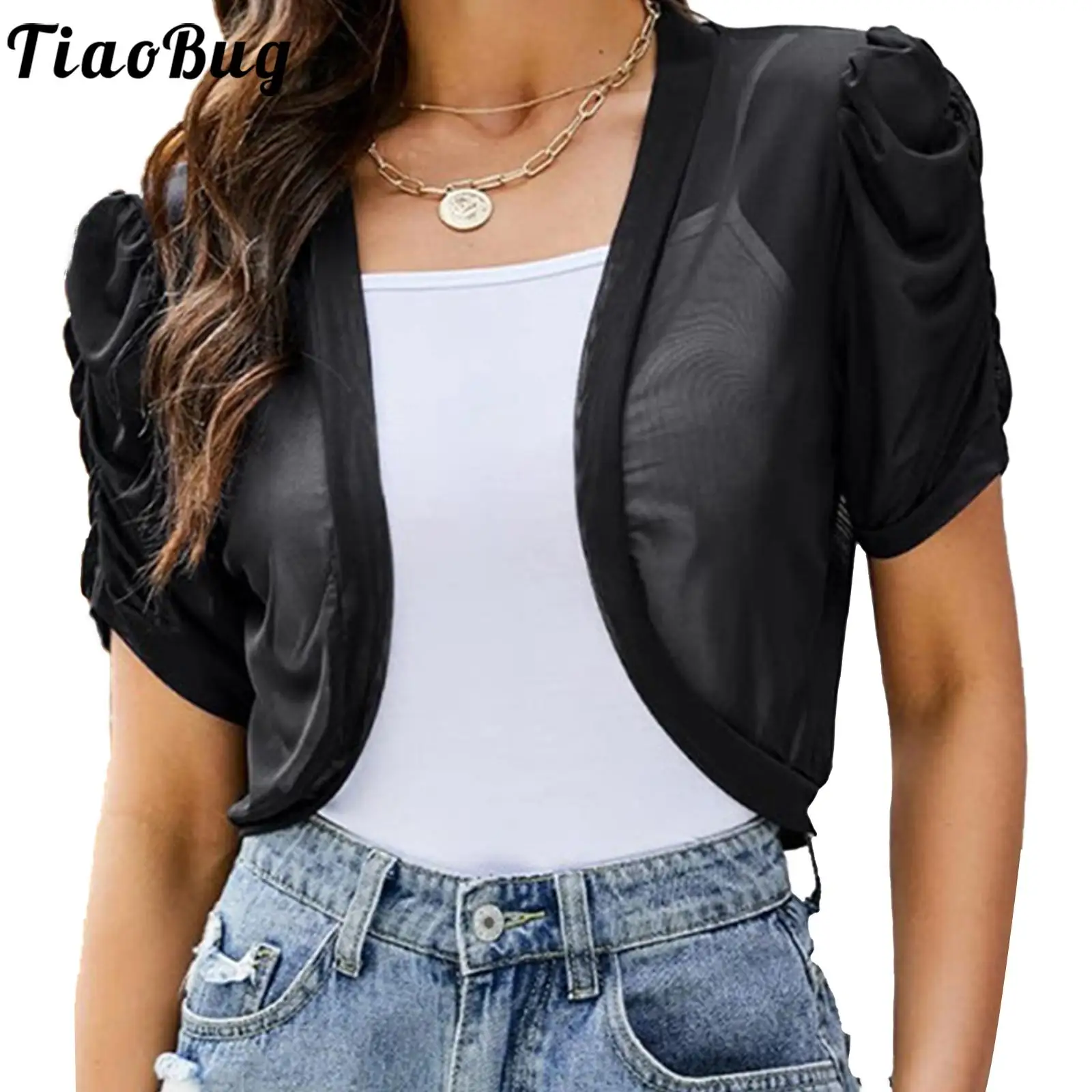 Womens Thin Tulle Scialle Shrug Summer Fashion Casual Beach Protezione Solare Abbigliamento Manica Corta Cropped Top Bolero Cardigan