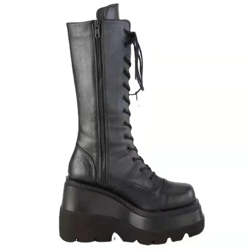 Stivali Invernali Scarpe Con Plateau Da Donna Stivaletti Da Combattimento Antipioggia In Pelle Corta Militare Nero New Rock Punk Goth Lolita Liquidazi