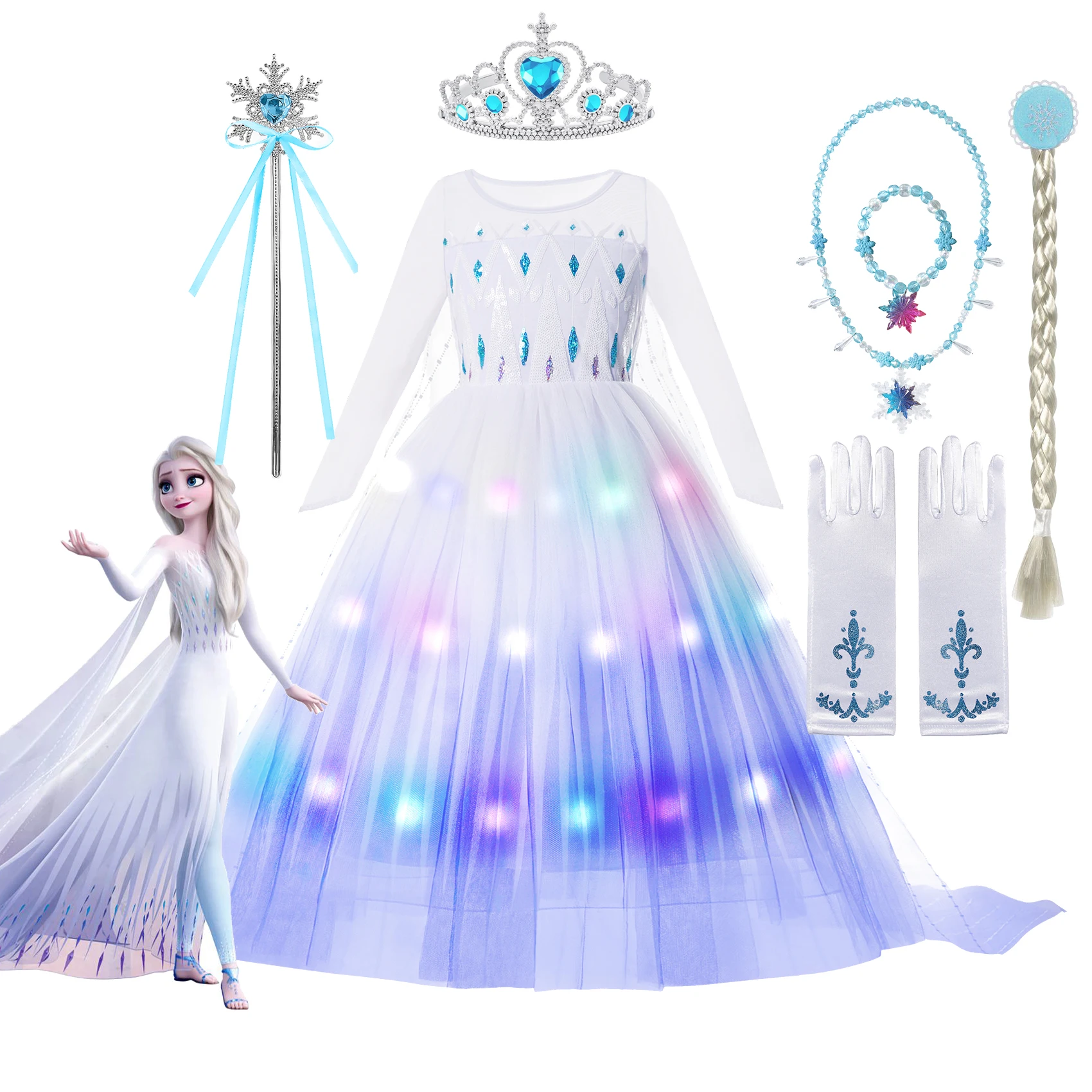 Frozen 2 Led Light Snow Queen Elsa For Girls Kids Costumi Cosplay Festa Di Compleanno Prom Gown Robe Play Clothes Abiti Da Principessa