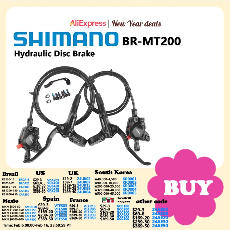 Shimano Mt200 Freno Bl Br Mtb E-Bike Freno A Disco Idraulico Bicicletta Freno Bici Elettrica Sinistro Anteriore Destro Freno Posteriore