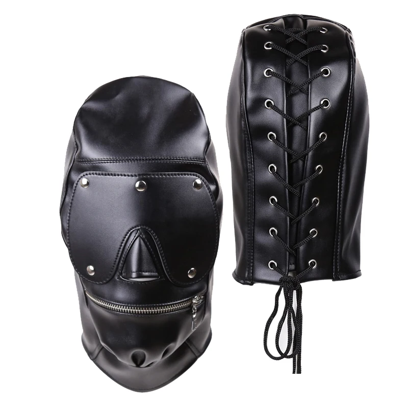 Punk Sexy Adult Game Men Black Pu Leather Head Bondage Hood Mask Zipper Open Mouth Maschere Di Moda Cosplay Party Costume Gay