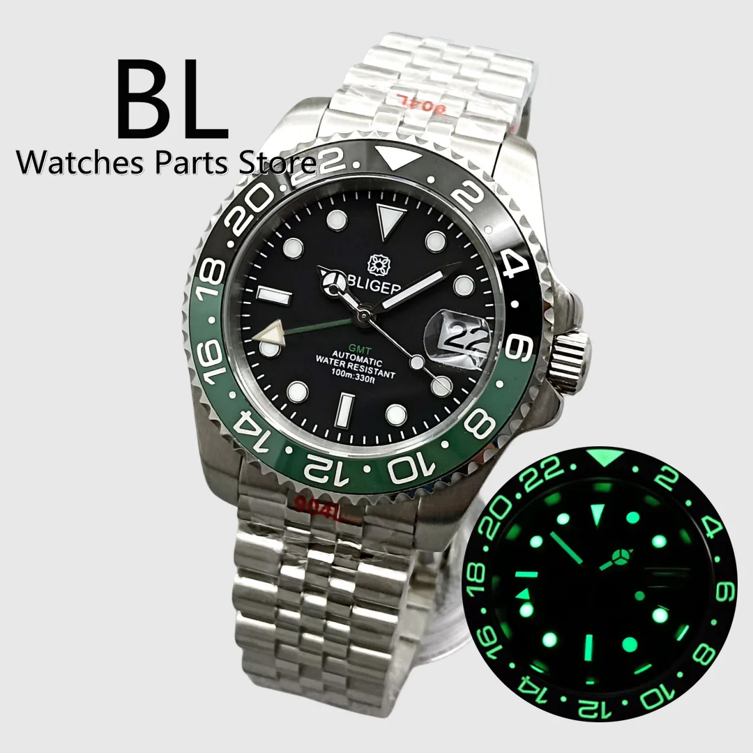 Bliger 40Mm Gmt Orologio Da Polso Meccanico Da Uomo Nh34 Orologio Vetro Zaffiro Lunetta In Ceramica Luminosa Verde Rosso Blu Gmt Lettere Quadrante Ner