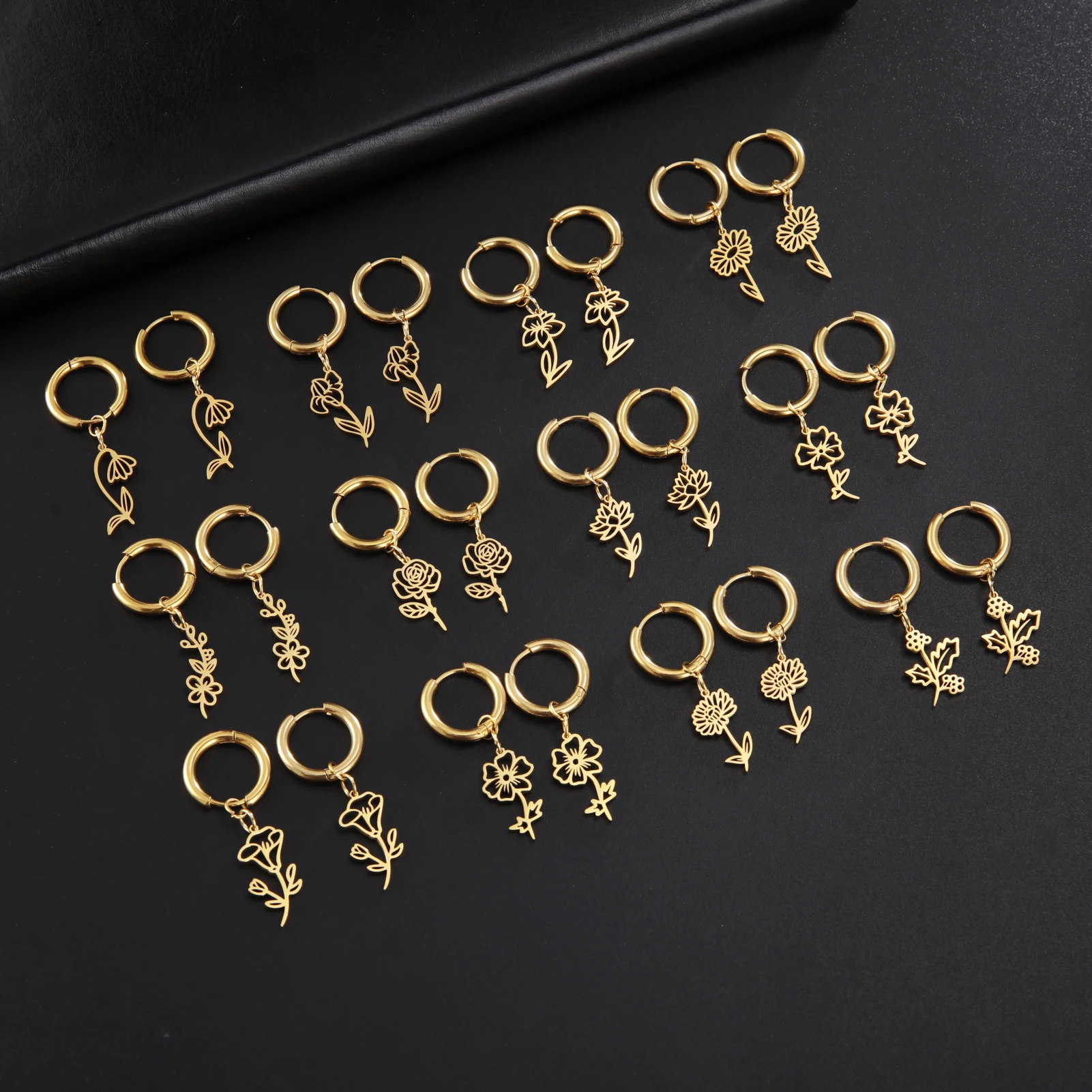 Skyrim 12 Birth Month Flower Ciondola Gli Orecchini In Acciaio Inossidabile Da Donna Flora Hoop Earring Rose Daisy Cosmos Snowdrop Jewelry Gift