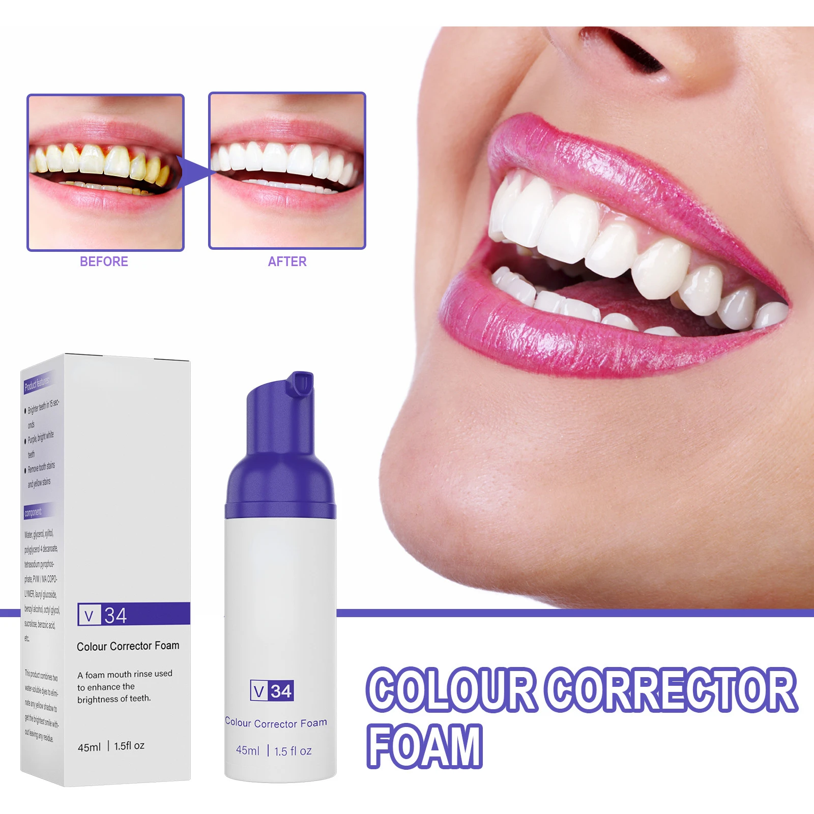 V34 Colour Corrector Serum Dentifricio Dentifricio Sbiancante Denti V34 Colorur Correttore Denti Viola Sbiancante Dentifricio Denti Whitne
