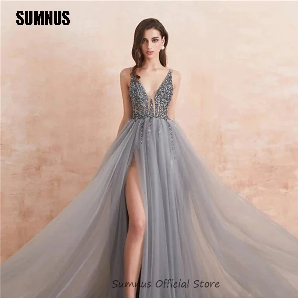 Sumnus Simple Shiny V Neck Eveing Dresses A Line Sexy Side Split Spatkly Party Gowns Open Back Classy Custom Size Prom Dress