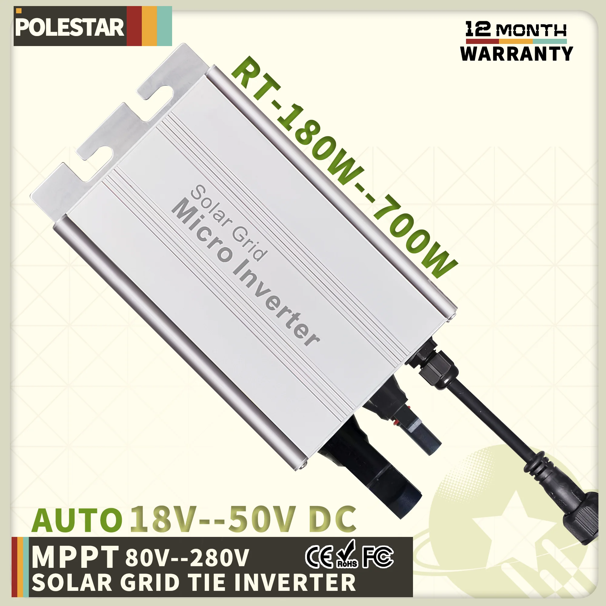 Polestar Solar Grid Tie Micro Inverter Mppt Smart Micro Pv System 180W 500W 700W Dc 18V-50V A Ac Output 120V/230V Auto