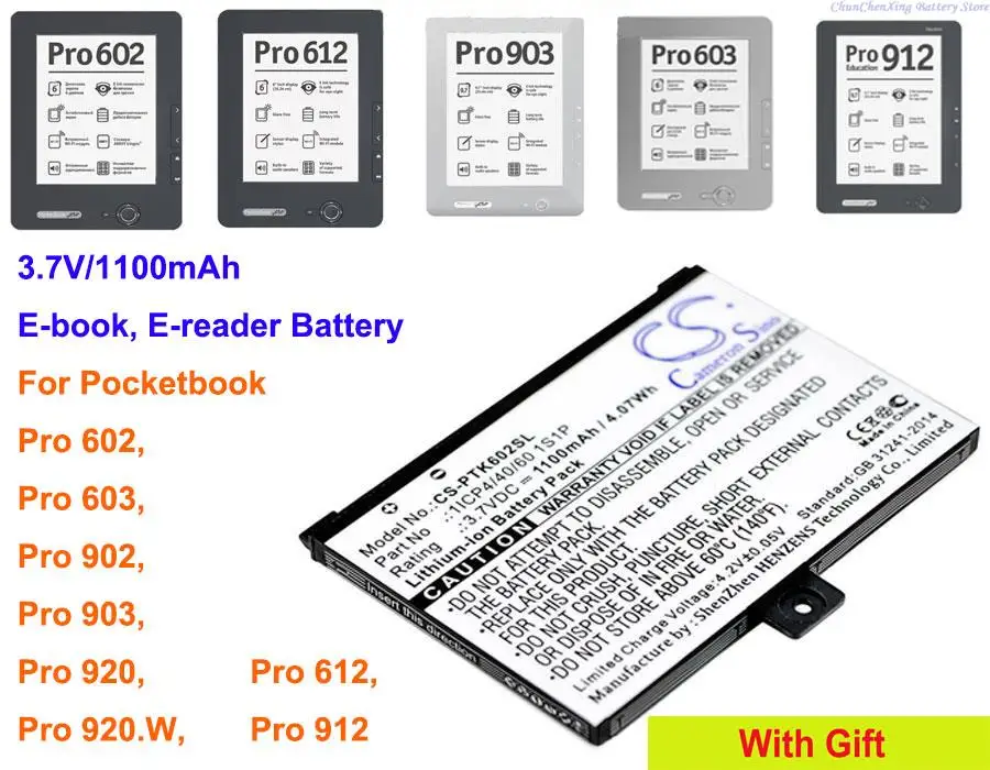 Batteria E-Reader Cs 1100Mah Per Pocketbook Pro 602, Pro 603, Pro 612, Pro 902, Pro 903, Pro 912, Pro 920, Pro 920.W