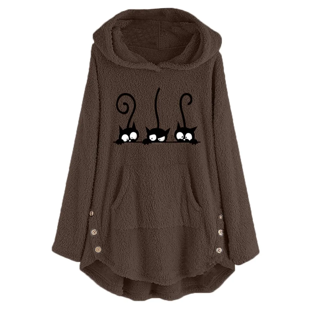 Cardigan Womens Fleece Cat Ricamo Plus Size Warm Oversize Felpe Con Cappuccio Top Button Maglione Camicetta Autunno/Inverno Maglione Allentato