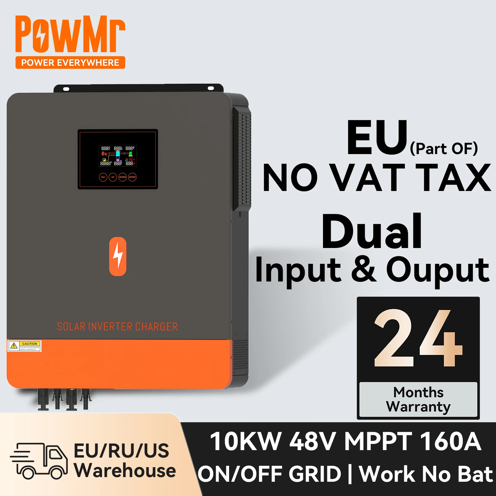 Powmr Solar Inverter Hybrid 48V 10Kw Mppt 160A On Grid Off Grid Inverter Onda Sinusoidale Pura 2 Ingressi Fotovoltaici 2 Uscite Ac