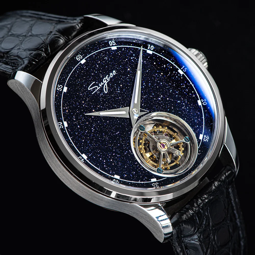 2023 Sugess Tourbillon Orologio Da Uomo Tianjin St8230 Movimento Blue Aventurine Stone Luxury Meccanico A Mano Orologi A Vento Coccodrillo