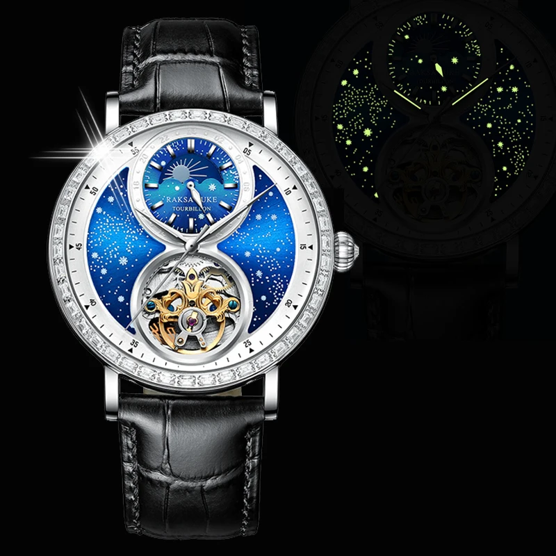 Starry Tourbillon Skeleton Automatic Watch Men Luxury Diamond Moon Phase Mechanical Mens Watches Waterproof Orologio Uomo 2022