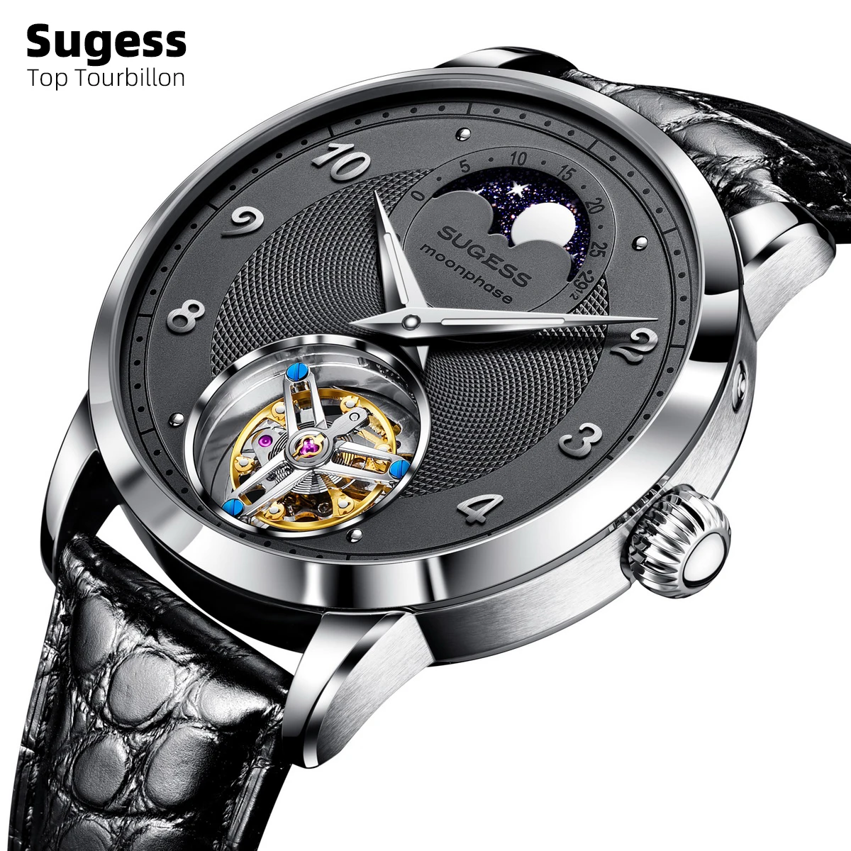 2023 Sugess Top Tourbillon Orologio Da Uomo Di Lusso Tianjin St8235 Movimento Meccanico Orologi Da Polso Vetro Zaffiro Moonphase Luminoso