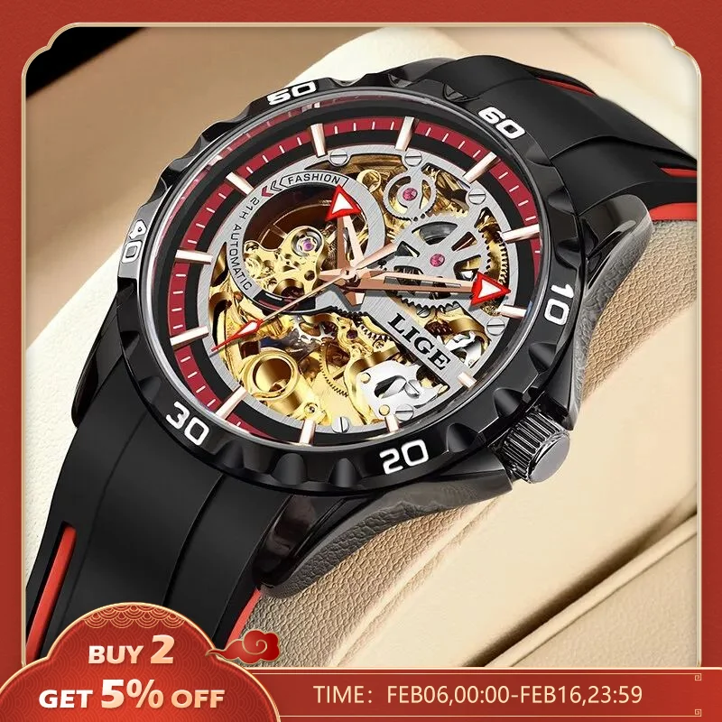Lige 2023 Fashion Men Watch Top Brand Mens Orologi Meccanici Automatic Tourbillon Skeleton Watch Man Calendar Relogio Masculino