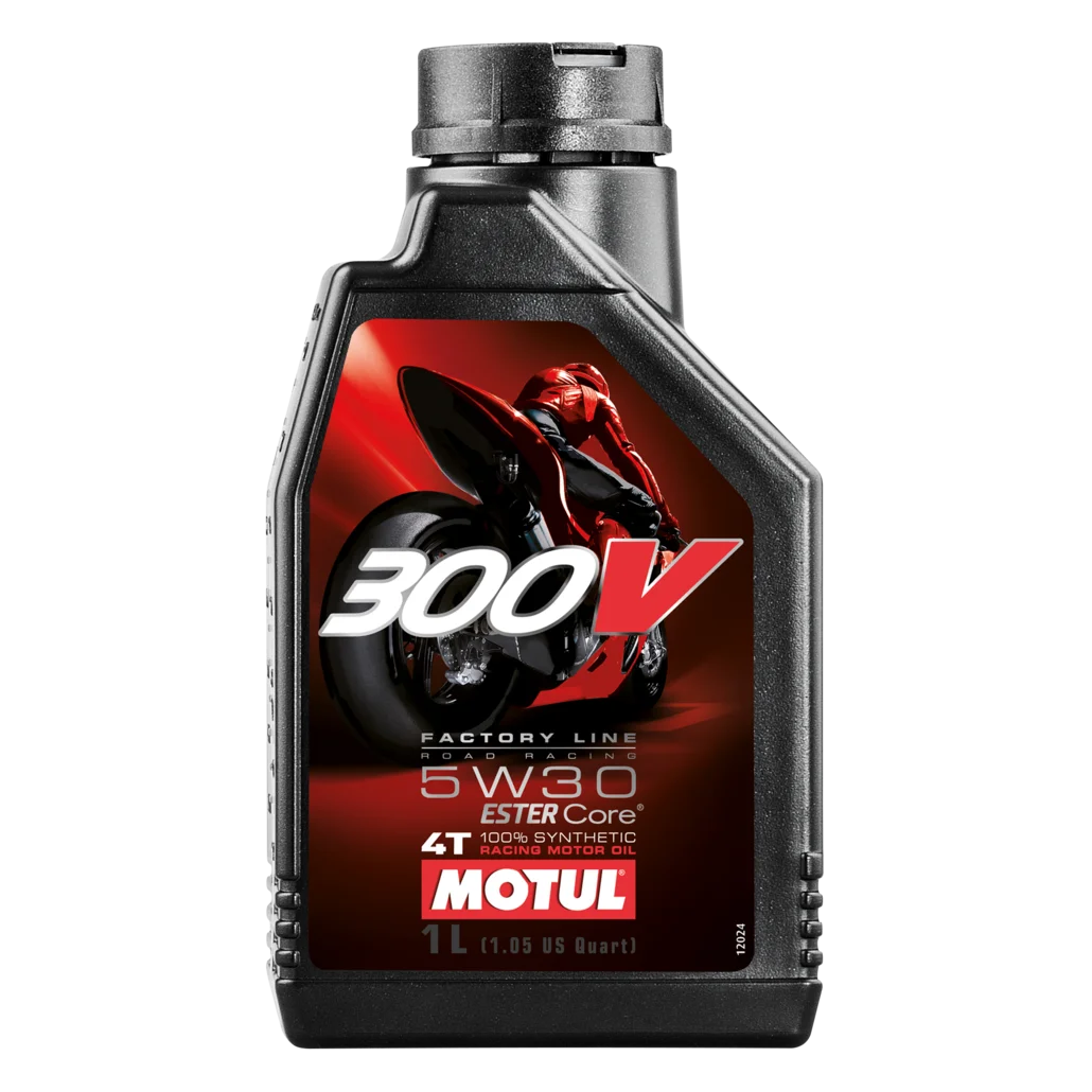 Motul 104108-Motociclette Per Gambe Olio Motore Racing 300V 4T Factory Line Road Racing, 5W-30, 1 L Lubrificante Di Qualità Premium 100% Nucleo Di Est