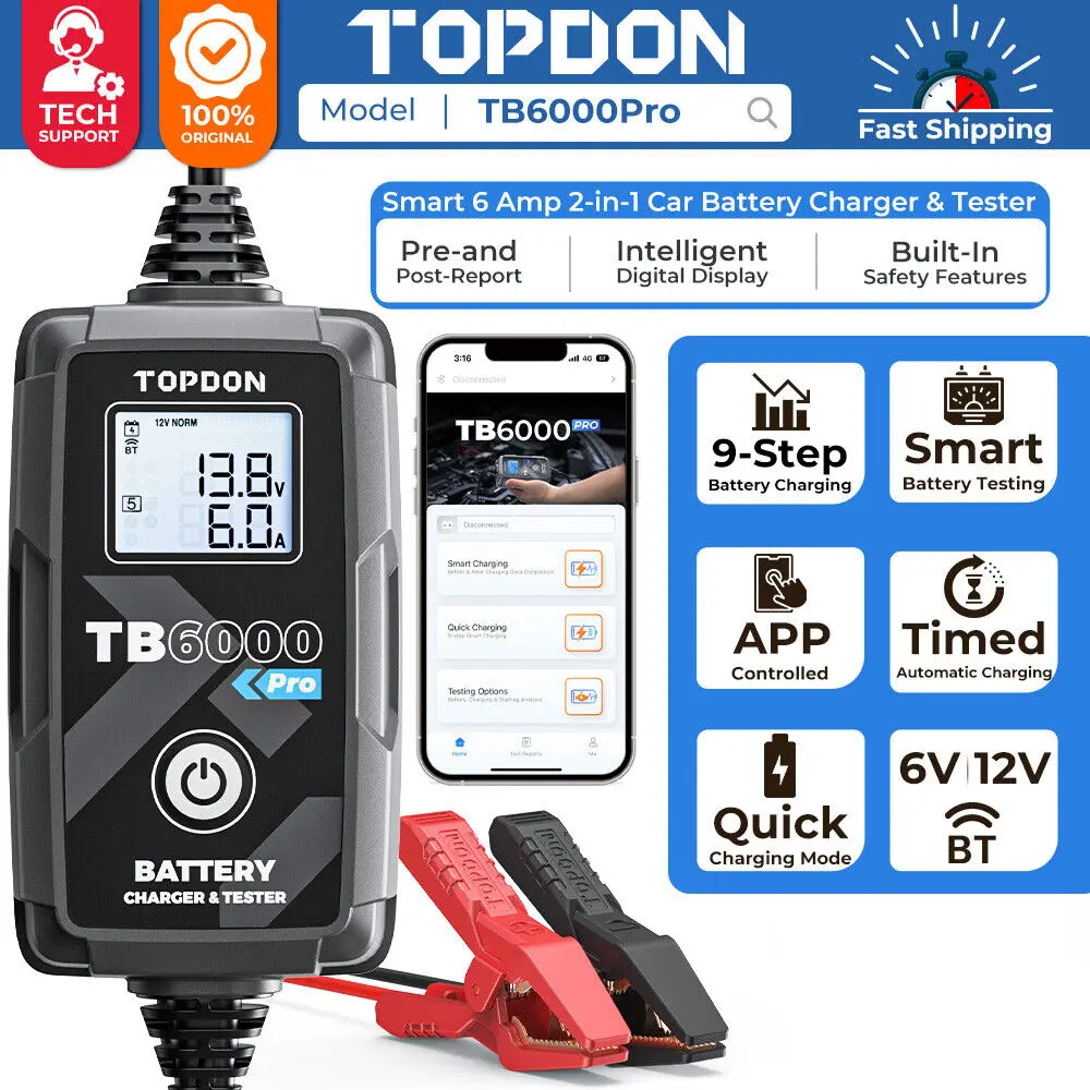 Topdon Tb6000 Pro 6Amp 2-In-1 Caricabatteria Per Auto Intelligente E Tester Per Batterie 6V/12V Portatile Tb6000Pro Litio Al Piombo Fai Da Te