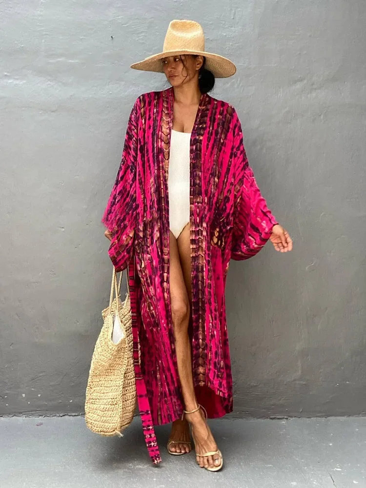 Boho Stripe Tie Dye Costume Da Bagno Cover Up Con Cintura Tunica Sarong Cardigan Dress 2023 Donne Bikini Cover-Up Beach Wear Kimono Pareo