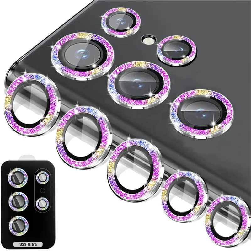 Custodia Protettiva Per Schermo In Vetro Con Obiettivo Per Fotocamera Con Diamante Glitterato Con Anello In Metallo Per Samsung Galaxy S23 Plus Ultra 