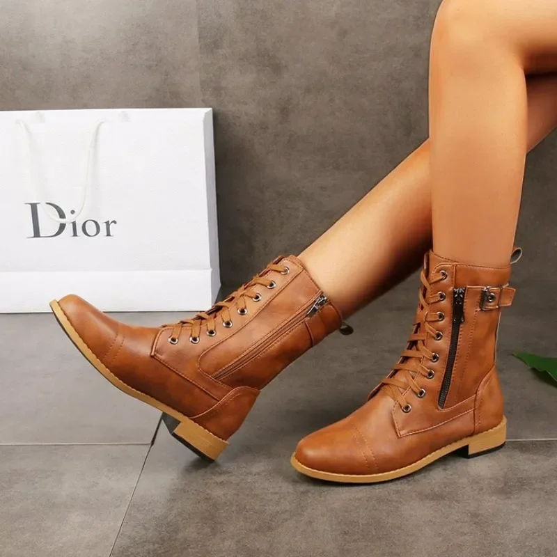 2023 Testa Tonda Tacco Spesso Di Grandi Dimensioni Cerniera Con Lacci Tinta Unita Gamba Bassa Stivali Da Donna Doc Marten Scarpe Stivaletti Per Donna