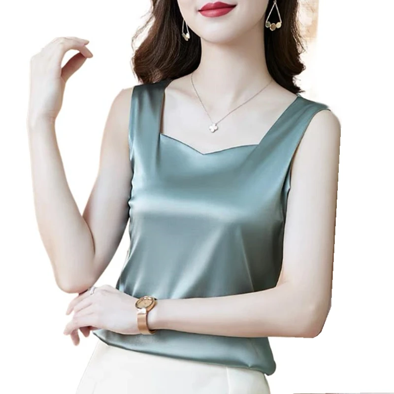 Camicie Estive Da Donna Classiche Canotte In Raso Con Colletto Quadrato Canotte Da Donna In Seta Di Ghiaccio Moda Senza Maniche Top Elegante Canottier