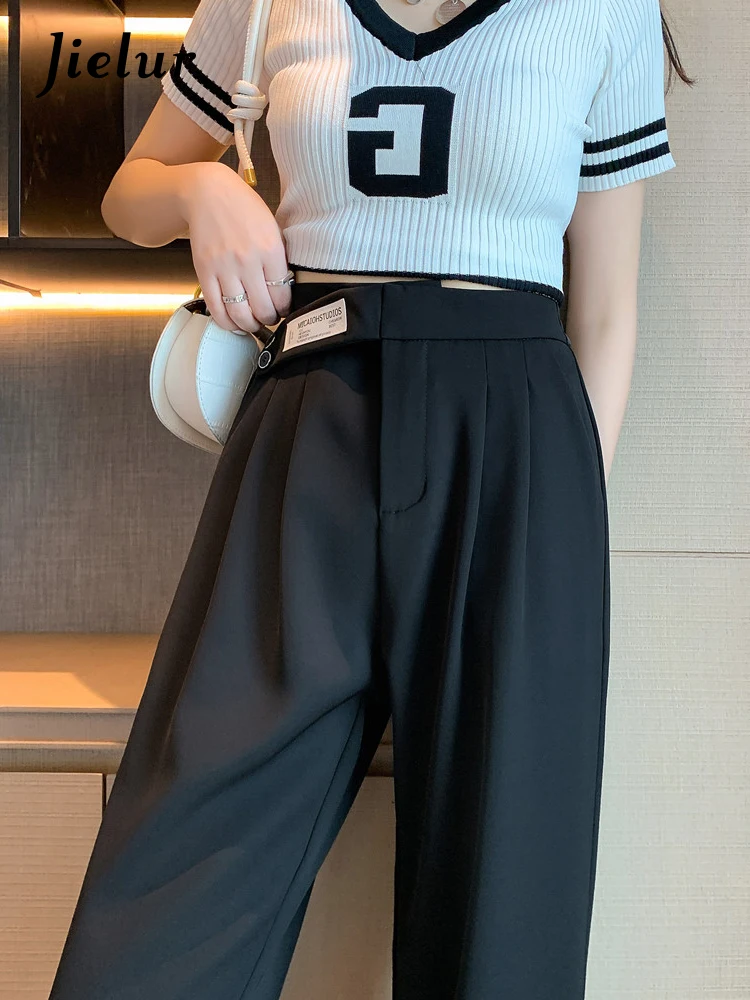 Jielur Estate Ghiaccio Seta Abito A Vita Alta Pantaloni Gamba Larga Donna Drappeggiare Pantaloni Neri Allentati Pantaloni Coreani Donna Tinta Unita M-